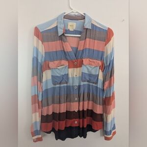 Anthropologie Maeve Orange And Blue Striped Button-down Top